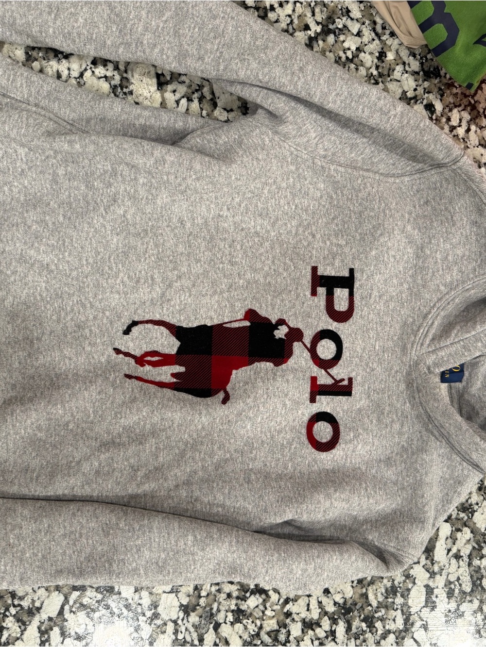Polo by Ralph Lauren Heather Gray Crewneck with Red & Black Buffalo Plaid Logo